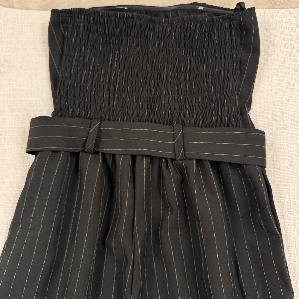 Black Pinstripe Strapless Wide Leg Jumpsuit with Belted Waist Smocked Back Sze S - Picture 9 of 11